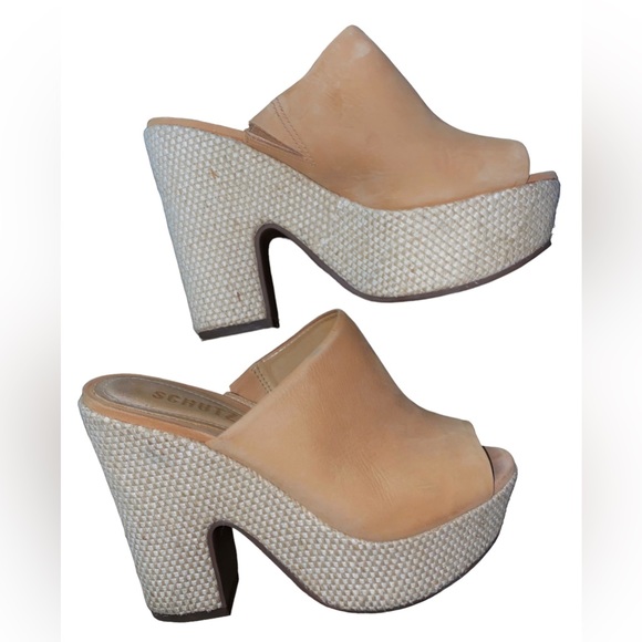 SCHUTZ Shoes - Schutz Womens Leather Platform Mules Heels Honey Beige Size 5.5B Dandara